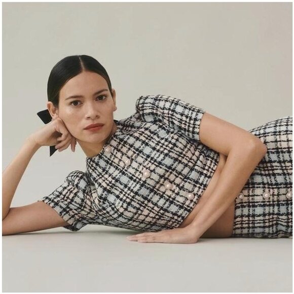 REFORMATION Two Piece Cropped Blazer and Skirt Set Size 10 in Plaid Tweed - Picture 15 of 16